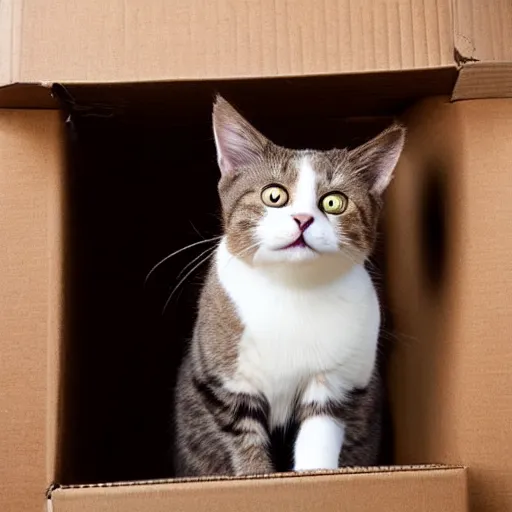 Image similar to cat sticking his head out of a small hole in a cardboard box