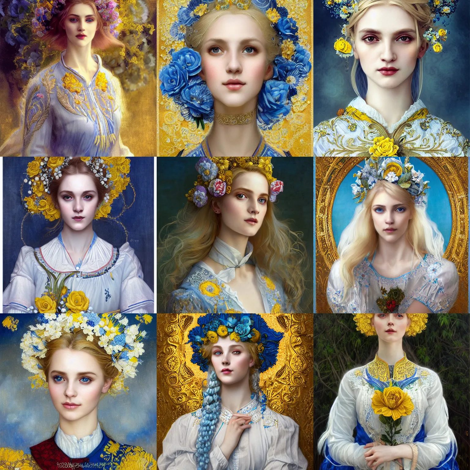 Prompt: blonde lady in white embroidered shirt, ukrainian national costume, filigree crown with blue and yellow textile embroidery flowers, preraphaelite beautiful, playful smile, detailed portrait, intricate complexity, acryl painting in the style of charlie bowater, tom bagshaw, greg rutkowski