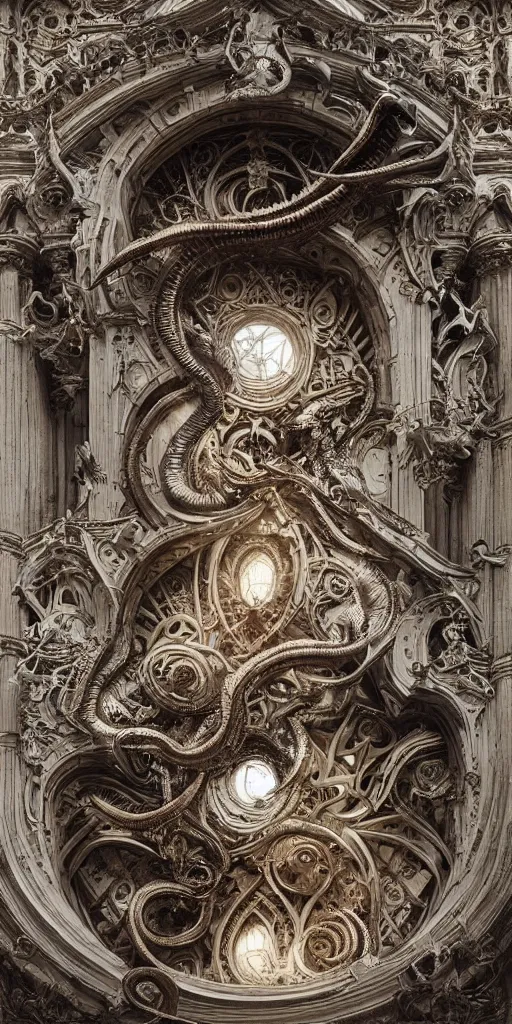 Image similar to enormous Ouroboros floating around inside an ancient mage castle hall colossal scale, gothic and baroque, brutalist architecture, ultradetailed, intricate details by Ellen Jewett and Ayami Kojima