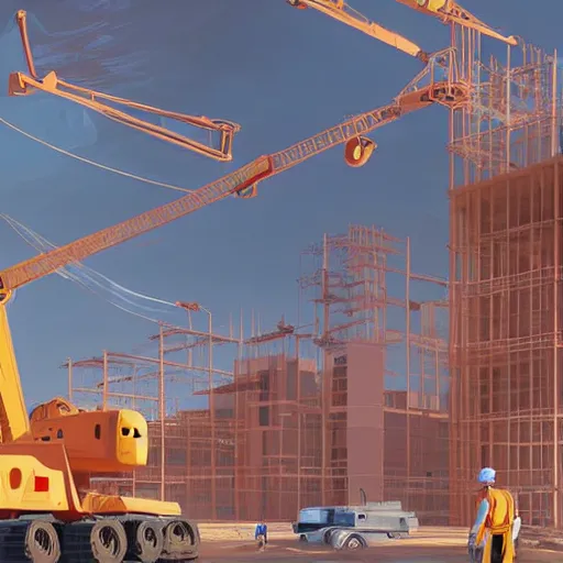 Prompt: construction site with living happy robotic construction vehicles game smooth median photoshop filter cutout vector, behance hd by jesper ejsing, by rhads, makoto shinkai and lois van baarle, ilya kuvshinov, rossdraws global illumination