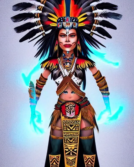 Image similar to character design, aztec warrior goddess with beautiful woman face, crown of very long feathers, full body, glowing aztec tattoos, beautiful, dark fantasy