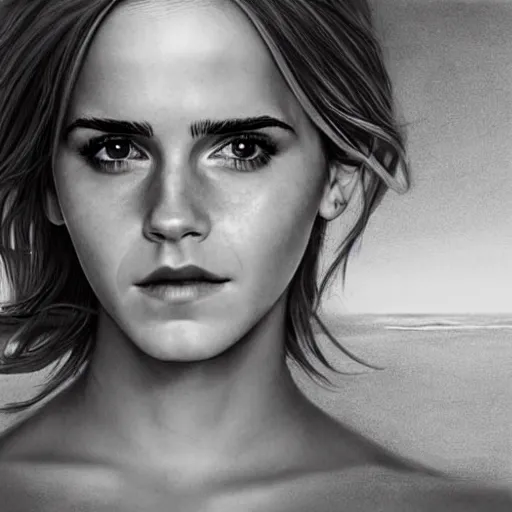 Image similar to pencil drawing of emma watson wearing a latex suit in a beach, beautiful piercing eyes, hyper realistic face, in the style of greg rutkowski, fantasy, amazing detail, epic, elegant, smooth