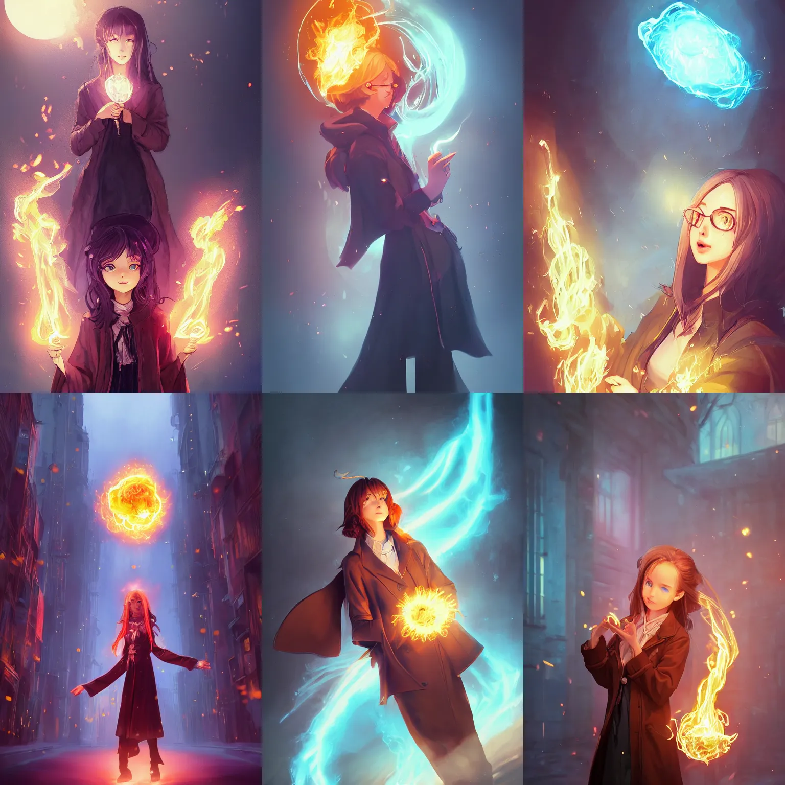 Prompt: a portrait of a cute female wizard wearing a flowing very stylish trenchcoat, holding a glowing fireball in her hand, fireball lighting her face from below, urban fantasy setting, vivid colors, warm lighting, atmospheric, cinematic, moody, in the style of Ilya Kuvshinov and Range Murata, Krenz Cushart, rule of thirds, oil on canvas, 8k