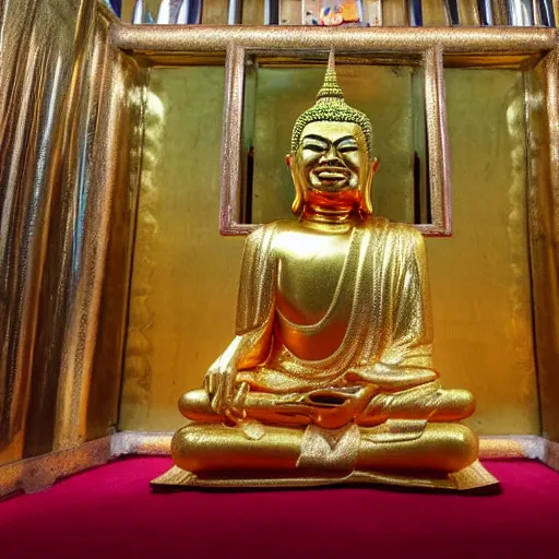 Prompt: Donald Trump as a golden thai Buddha statue, in Buddhist temple, colourized, photo