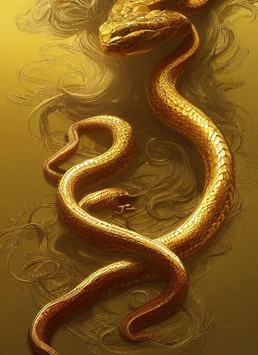 Image similar to a gold snake, highly detailed, digital painting, artstation, concept art, sharp focus, illustration, art by greg rutkowski and alphonse mucha