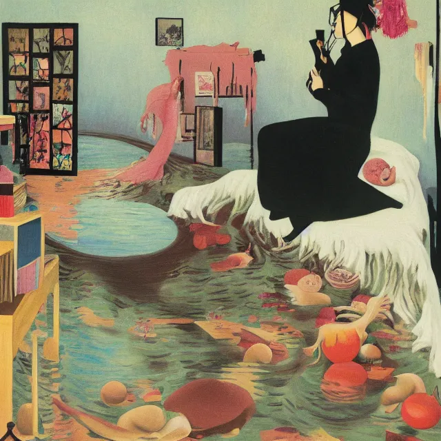 Image similar to female emo art student in her apartment, painting of flood waters inside an artist's feminine bedroom, a river flooding indoors, pomegranates, pigs, ikebana, water, octopus, river, rapids, waterfall, black swans, canoe, berries, zen, acrylic on canvas, surrealist, by magritte and monet