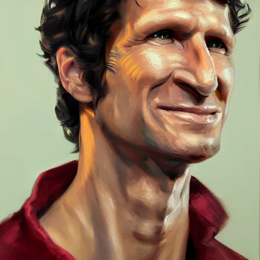 Image similar to Oil painting of Todd Howard smirking, stunning, amazing, trending on artstation HQ, deviantart