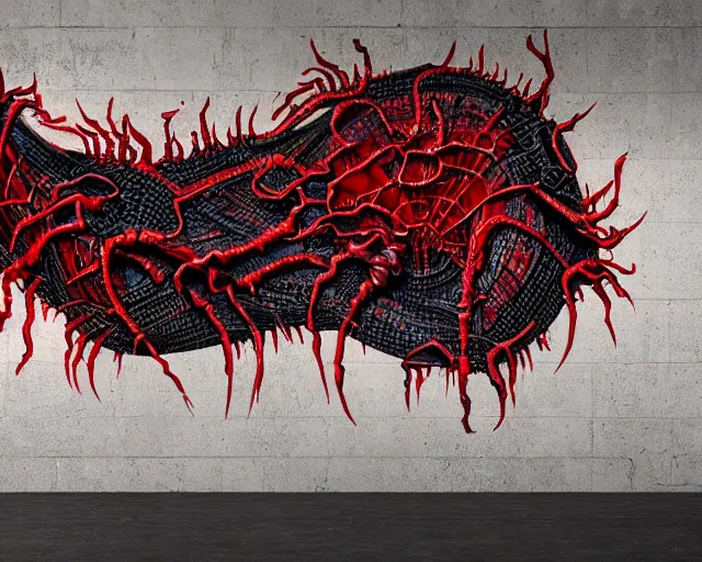 Prompt: 16k photorealistic image of a wall that has some lovecraftian graffiti on it inspired by wretched dragon rib cage. lovecraftian graffiti in red and black colors. the art is cursed and ecrusted with jewels. the grafiiti is inspired by cobwebs and venom.