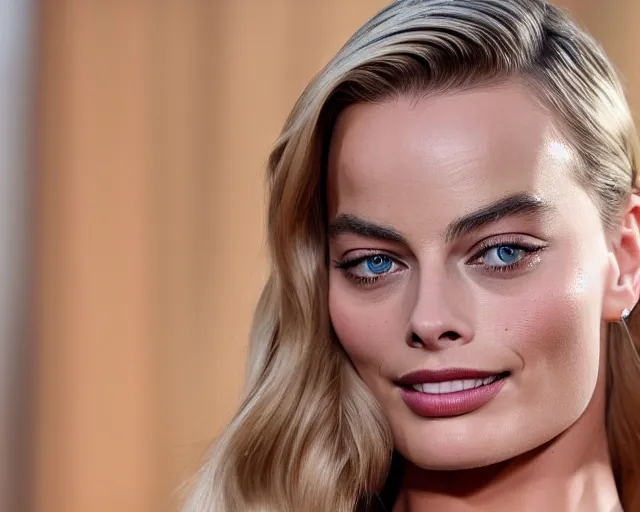 Image similar to a photo of margot robbie modeling the new iphone, hyper realistic face, beautiful eyes, cinematic, long shot, hyper detailed, 8 5 mm photograph, 8 k resolution, film still, sharp lens, wide lens