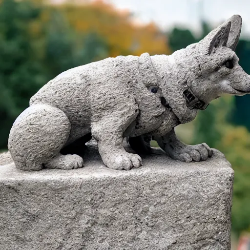 Image similar to corgi gargoyle with wings made of stone, uncropped, photography