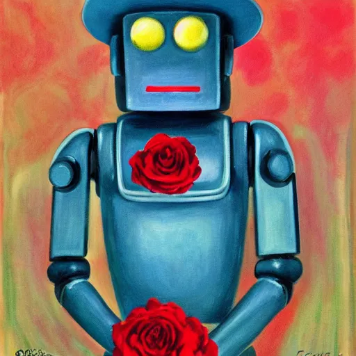Image similar to a portrait of a robot wearing a hat full of roses, by Otto Eerelman