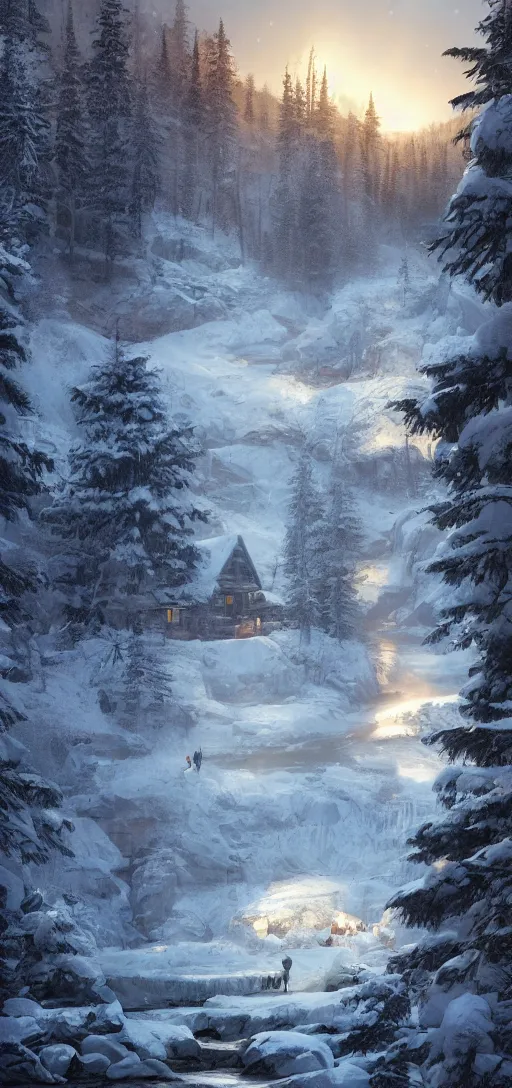 Image similar to cozy lodge beside a river stream in the canadian wilderness in winter, dramatic lighting, cinematic, establishing shot, extremely high detail, photo realistic, cinematic lighting, post processed, concept art, artstation, matte painting, style by eddie mendoza, raphael lacoste, alex ross