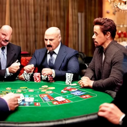 Image similar to Alexander Lukashenko playing poker with John Cena, Robert Downey Jr. and Al Pacino, cinematic still