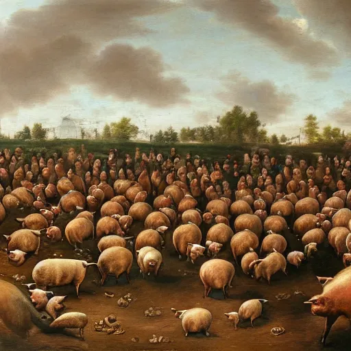 Prompt: oil painting of a crowd of pigs looked from the back screaming at a stage of politicians laughing, 8k, landscape