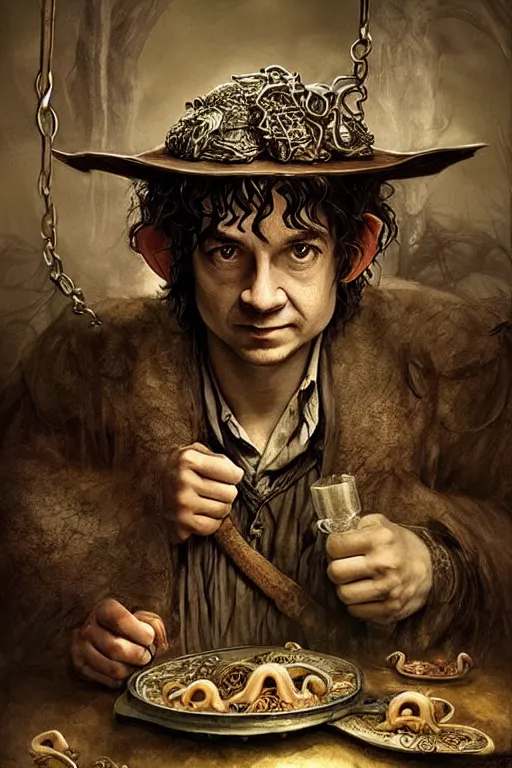 Image similar to dirty faced and very happy hobbit looking the table full of fook, hobbit is wearing a hat made of octopuss, fantasy, intricate, elegant, highly detailed, digital painting, artstation, concept art, addiction, chains, smooth, sharp focus, illustration, art by Ilja Repin