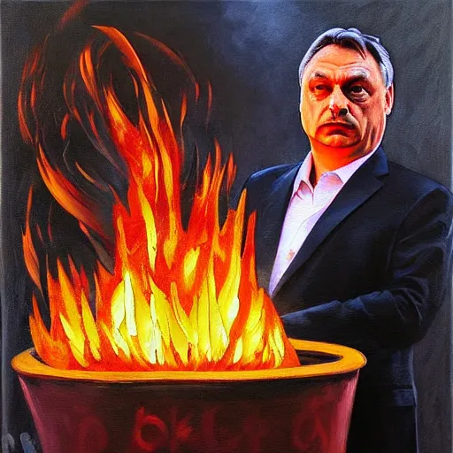Prompt: viktor orban burning cash, oil painting