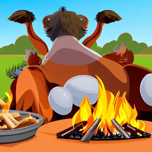 Prompt: animals sit around the fire and fried chicken in disney styles