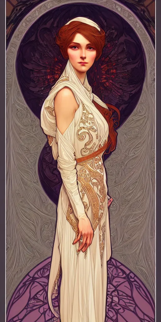 Image similar to character portrait of a modest woman, tall, feminine, powerful, modestly clothed, voluminous, intricate, elegant, highly detailed, digital painting, artstation, smooth, symmetrical, sharp focus, illustration, art by alphone mucha