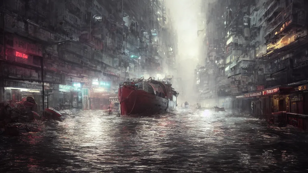 Prompt: dramatic Photorealistic, Matte Painting of a tug boat with bright head lights exploring a busy post apocalyptic deep flooded Hong Kong city street at night,dark Tall buildings by Greg Rutkowski,Craig Mullins,Hyperrealism,Beautiful dramatic moody lighting,Cinematic Atmosphere,Octane Rendering,8K