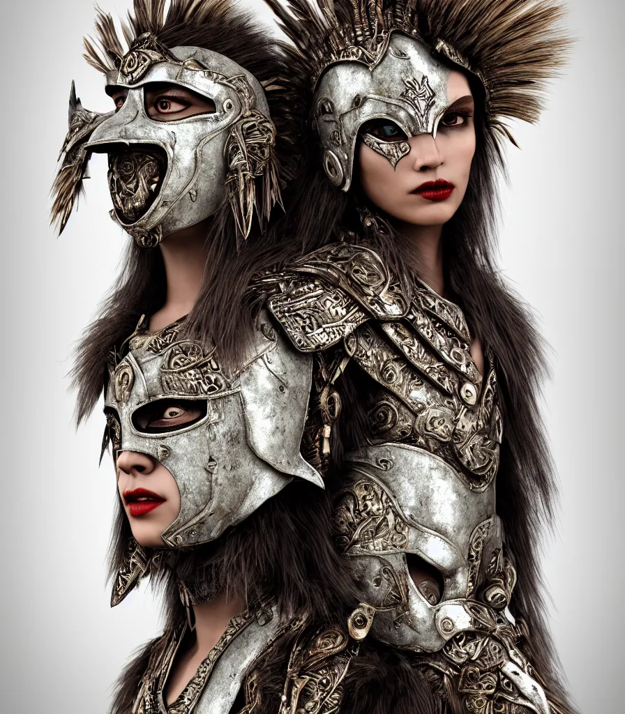 Prompt: amazon warrior | full medium shot | front close - up | head on | dressed in animal hide, mystical goddess, ethereal, mask, ornaments of white gold in your clothes, evil, artistically realistic, octane render, fine art, intricate