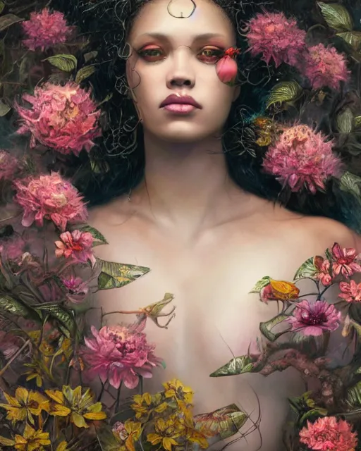 Image similar to portrait of the mulatto queen of the underworld, surrounded by flowers by karol bak, james jean, tom bagshaw, rococo, sharp focus, trending on artstation, cinematic lighting, hyper realism, octane render, 8 k, hyper detailed.