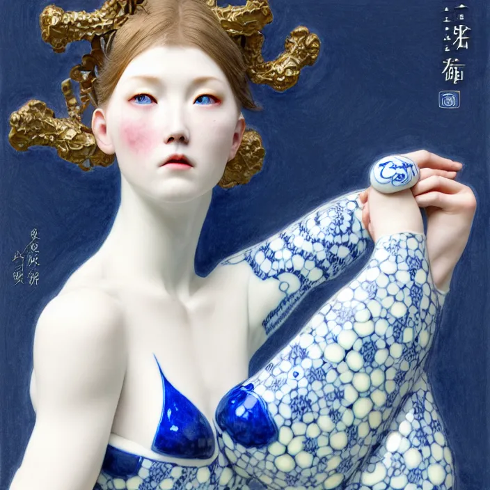 Image similar to porcelain cyborg, Chinese Blue and white porcelain 14th century, diffuse lighting, fantasy, intricate, elegant, highly detailed, lifelike, photorealistic, digital painting, artstation, illustration, concept art, smooth, sharp focus, art by John Collier and Albert Aublet and Krenz Cushart and Artem Demura and Alphonse Mucha