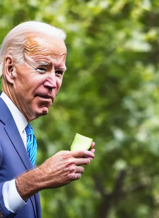 Prompt: photography of Joe Biden smelling a cucumber very close to face , 4K HD