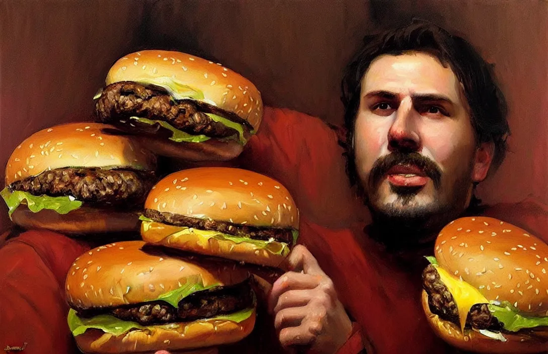 Image similar to portrait of whopper cheeseburger!!!!!!!!!!!!!!!!!!!!!!!!!!!, detailed face, detailed painting,, epic lighting, by ilya repin, phil hale and kent williams