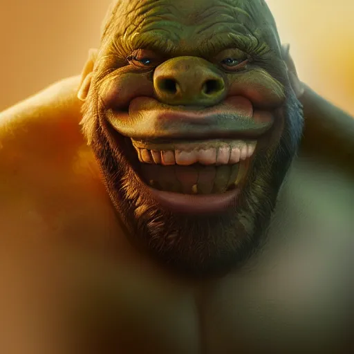 Image similar to An orc-pig smiling into the camera, portrait, artstation, realistic, highly detailed, bokeh, by Alex Flores