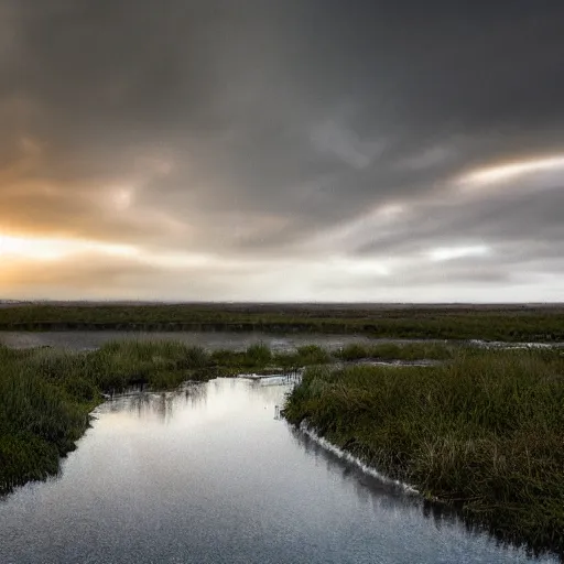 Image similar to a big swamp between black sand hills,inspired by Japanese landscape ,hint of gold ,dark,atmospheric,dusk,photo real,ultra realistic, concept art, hdri, 4k -