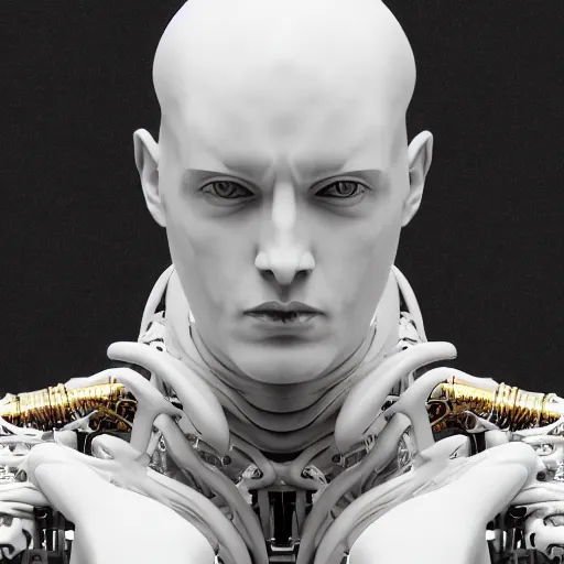 Prompt: statue of white marble with gold veins of strong attractive futuristic cybernetic man adonis posing, hyper realistic, transhumanism, perfect symmetrical body, perfect symmetrical face, hyper detailed, full body shot, by johannen voss, by peter kemp, by monia merlo, by michelangelo octane render blender, 8 k
