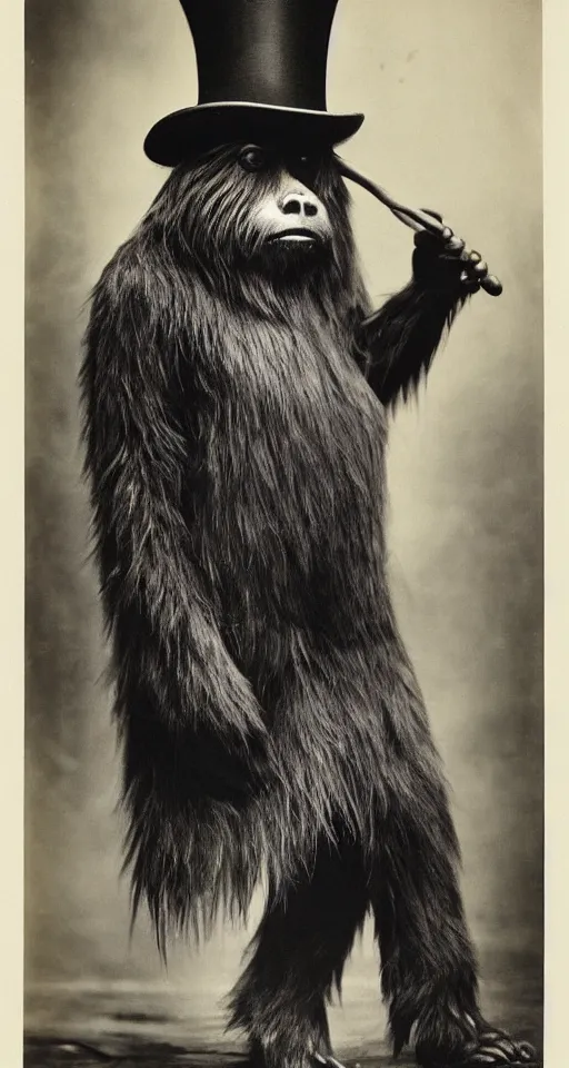 Image similar to a vintage wet plate portrait of a dignified bigfoot with a top hat and cane, extremely detailed, by yousuf karsh!!!!!!!!!!!!!!!!!!