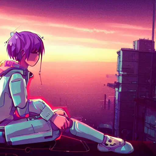 Prompt: android mechanical cyborg anime girl child overlooking overcrowded urban dystopia sitting. Pastel pink clouds baby blue sky. Gigantic future city. Raining. Makoto Shinkai. Wide angle. Distant shot. Purple sunset. Sunset ocean reflection. Pink hair. Pink and white hoodie. Cyberpunk. featured on artstation. robotic wired knee. knee. white sweater.