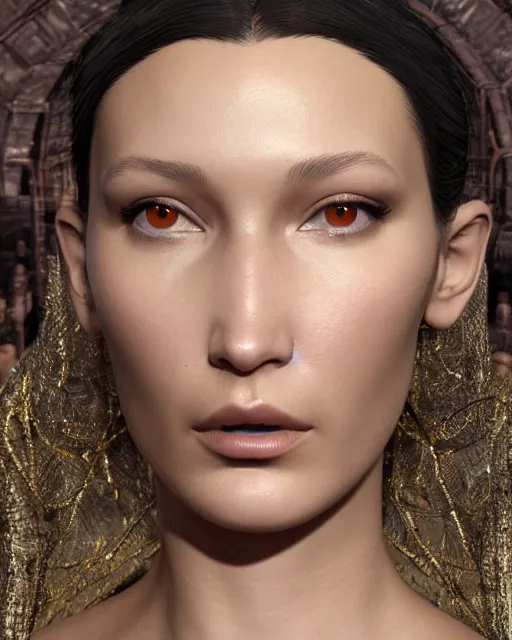 Image similar to a highly detailed metahuman 8 k close up render of bella hadid in style of hieronymus bosch trending on artstation made in unreal engine 4