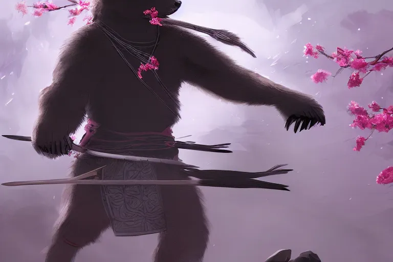 Image similar to an environmental concept art of samurai anthropomorohic black bear, samurai duel, sakura petals blowing in the wind, highly detailed, environmental light, epic, 8 k, artstation, deviantart, award winning, cinematic by francis tneh