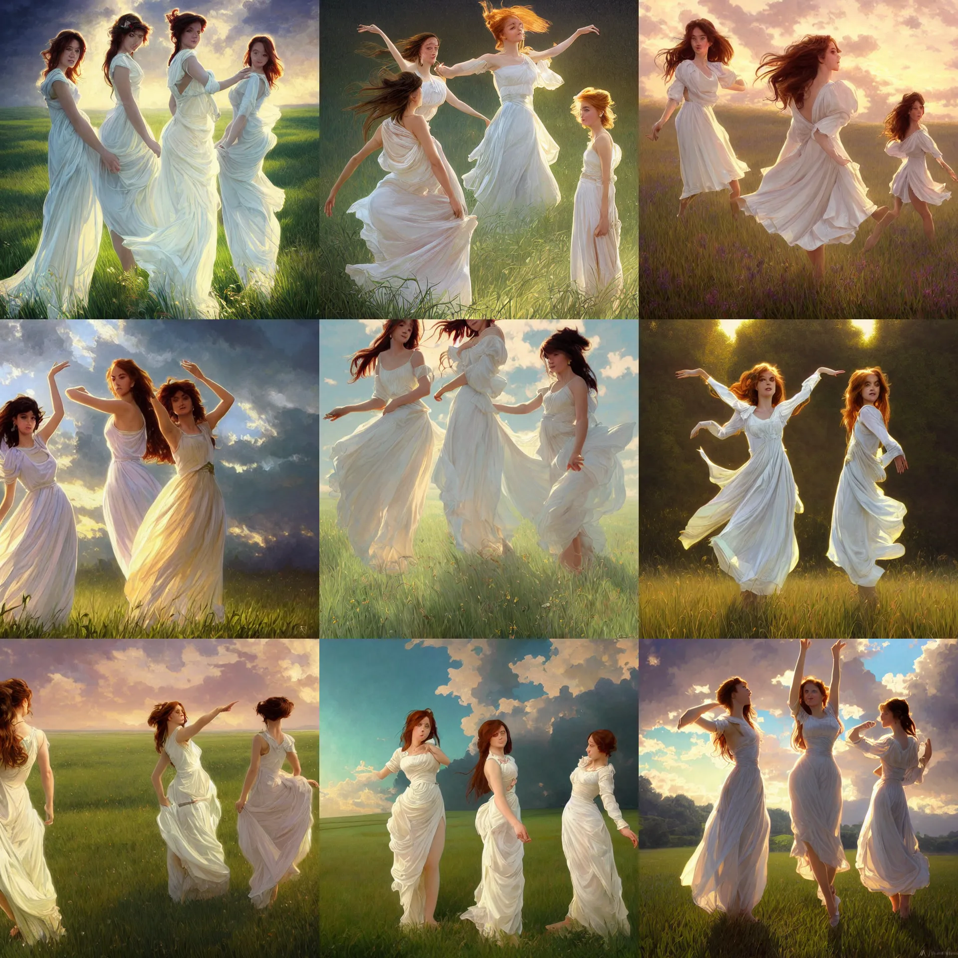 Prompt: three dancing girl in white dresses between clouds above green fields in sunset light, portrait, elegant, intricate, digital painting, artstation, concept art, smooth, sharp focus, illustration, art by artgerm and greg rutkowski and alphonse mucha