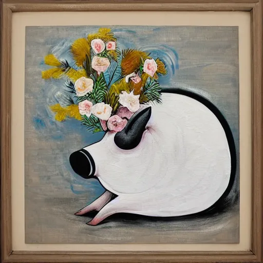 Image similar to “pig paintings and pig sculptures in a pig art gallery, pork, ikebana white flowers, white wax, squashed berries, acrylic and spray paint and oilstick on canvas, by munch and Dali”