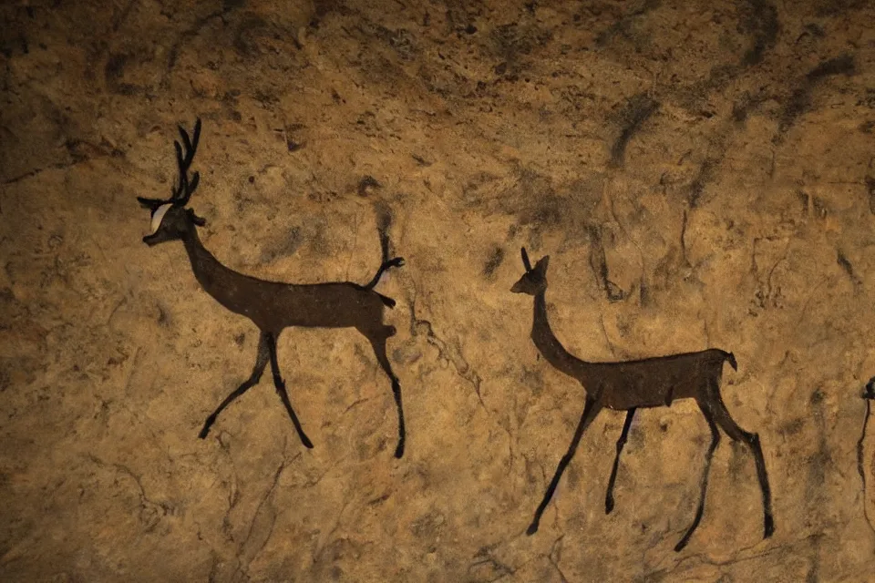 Image similar to a cave painting of a deer and a 1 9 5 0 s sci - fi robot mecha. lascaux cave paintings, chauvet