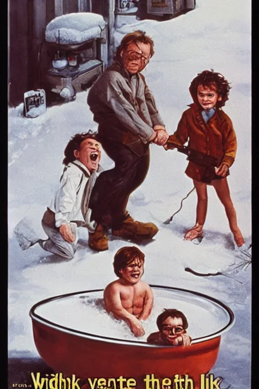 Image similar to vintage movie poster little pee pole, warwick davis and peter dinklage, bathtub, snow, gas station, 1 9 8 2, drew struzan inspiration