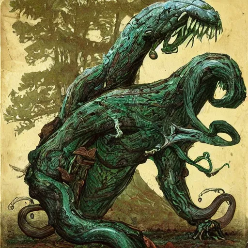Prompt: A beautiful mixed mediart of a large, looming creature with a long, snake-like body. The creature has many large, sharp teeth, and its eyes glow a eerie green. It is wrapped around a large tree, which is bent and broken under the creature's weight. There is a small figure in the foreground, clutching a sword, which is dwarfed by the size of the creature. pastel white by Bordalo II incredible, composed