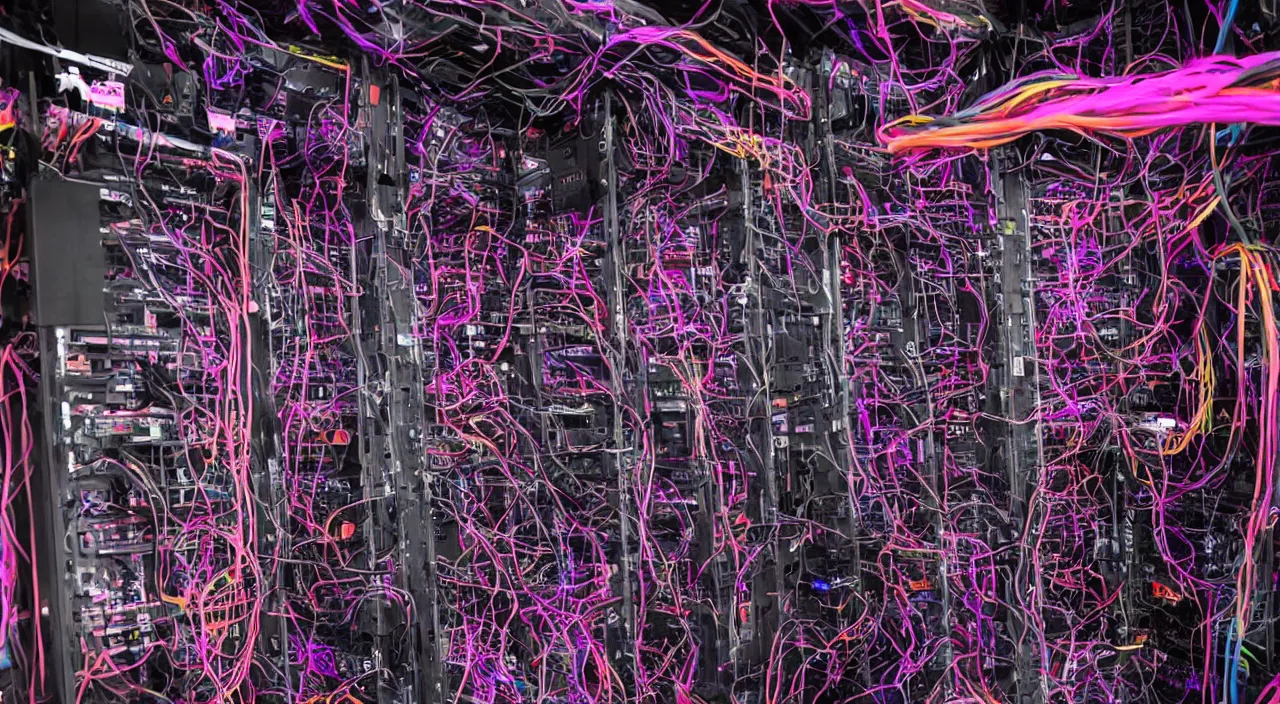 Image similar to dark broken corrupted server rack computer crypto mining data center servers equipment red, magenta, orange, yellow, pink, purple color coded wires and cables, blinking led status lights and indicators, in the dark, chaotic 5 5 mm photography detailed footage