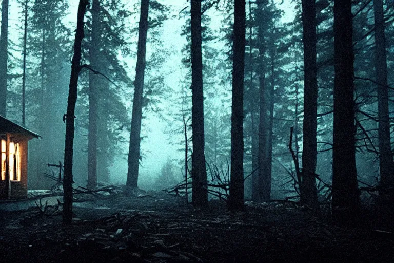 Prompt: film still of cabin in woods, cinematic, moody, gritty neon noir by emmanuel lubezki