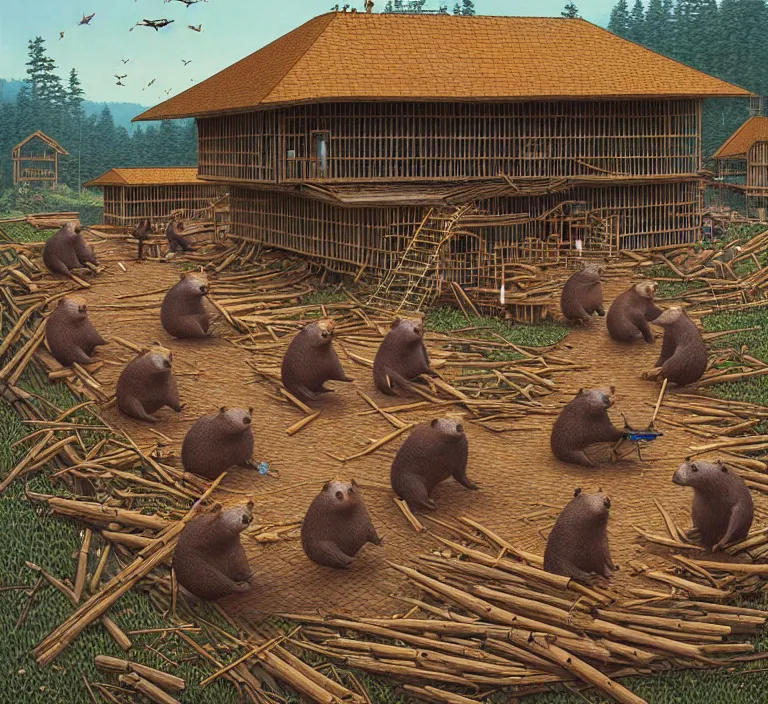 Prompt: photography hyperrealism concept art of highly detailed anthropomorphic beavers builders that building city with sticks by hasui kawase and scott listfield sci - fi style hyperrealism