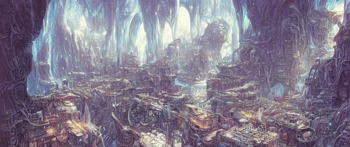 Prompt: A beautiful illustration of a retro futurism city with flying cars in a massive ice cavern on another world by Daniel merriam | sparth:.3 | Time white:.3 | Rodney Matthews:.3 | Graphic Novel, Visual Novel, Colored Pencil, Comic Book:.2 | unreal engine:.6
