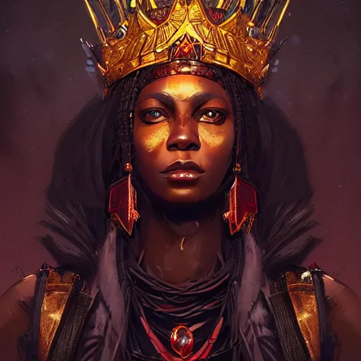 Image similar to a dark and ominous african queen with glowing eyes and a golden crown with a ruby, Apex Legends character digital illustration portrait design, by android jones and greg rutkowski in a cyberpunk voodoo style, detailed, cinematic lighting, wide angle action dynamic portrait