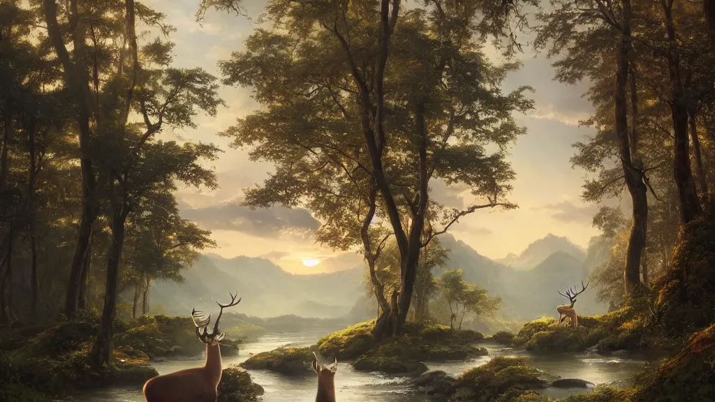 Prompt: the most beautiful panoramic landscape, oil painting, where a giant dreamy waterfall creates a river, the trees around are starting to bloom in a great variety of colors, a majestic deer is drinking water from the river and a ray light of the sunset is brightening him, by greg rutkowski