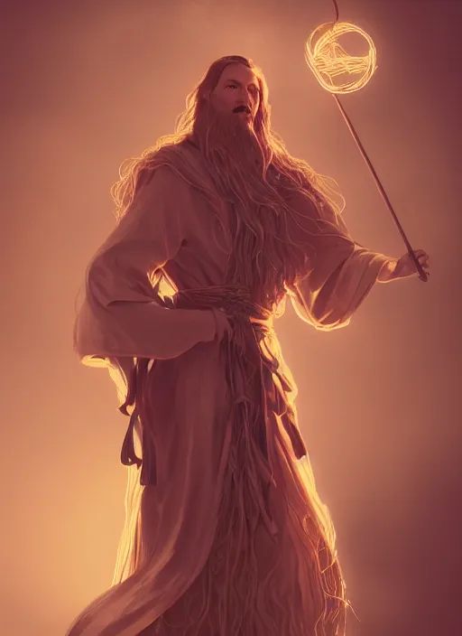 Prompt: beautiful illustration of a wizard with a robe made of ribbons of flesh, in the style abigail larsonand and sam guay, rim light, beautiful lighting, 8 k, stunning scene, octane, trending on artstation
