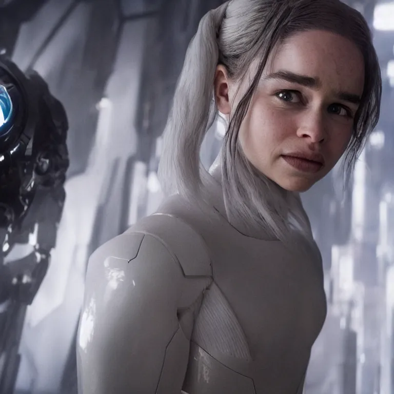 Prompt: scifi emilia clarke looks like ghost in the shell, extremely high detail, smiling woman, cyborg, photorealism, emilia clarke, sony a 7 r