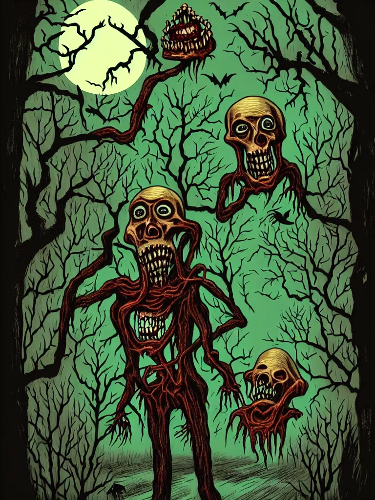 Image similar to full color vintage horror illustration of a freaky ghoul under dead trees with toilet paper streaming down, spooky lighting, pinterest