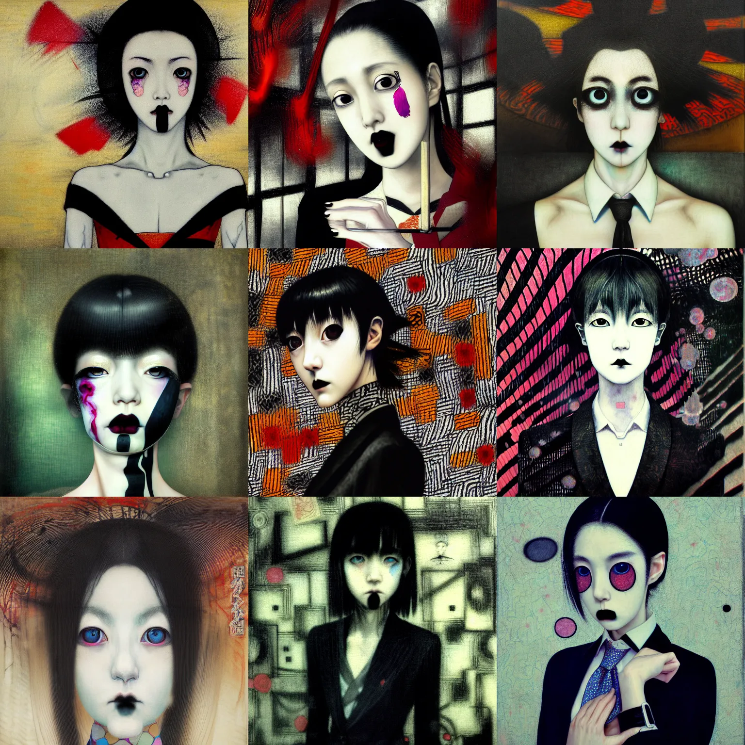 Image similar to yoshitaka amano blurred and dreamy realistic three quarter angle portrait of a young woman with black lipstick and black eyes wearing dress suit with tie, junji ito abstract patterns in the background, satoshi kon anime, noisy film grain effect, highly detailed, renaissance oil painting, weird portrait angle, blurred lost edges